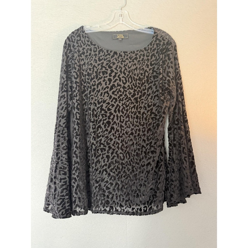 L&B Lucky & Blessed Blouse Womens L Gray Velvet Animal Print Bell Sleeve Top